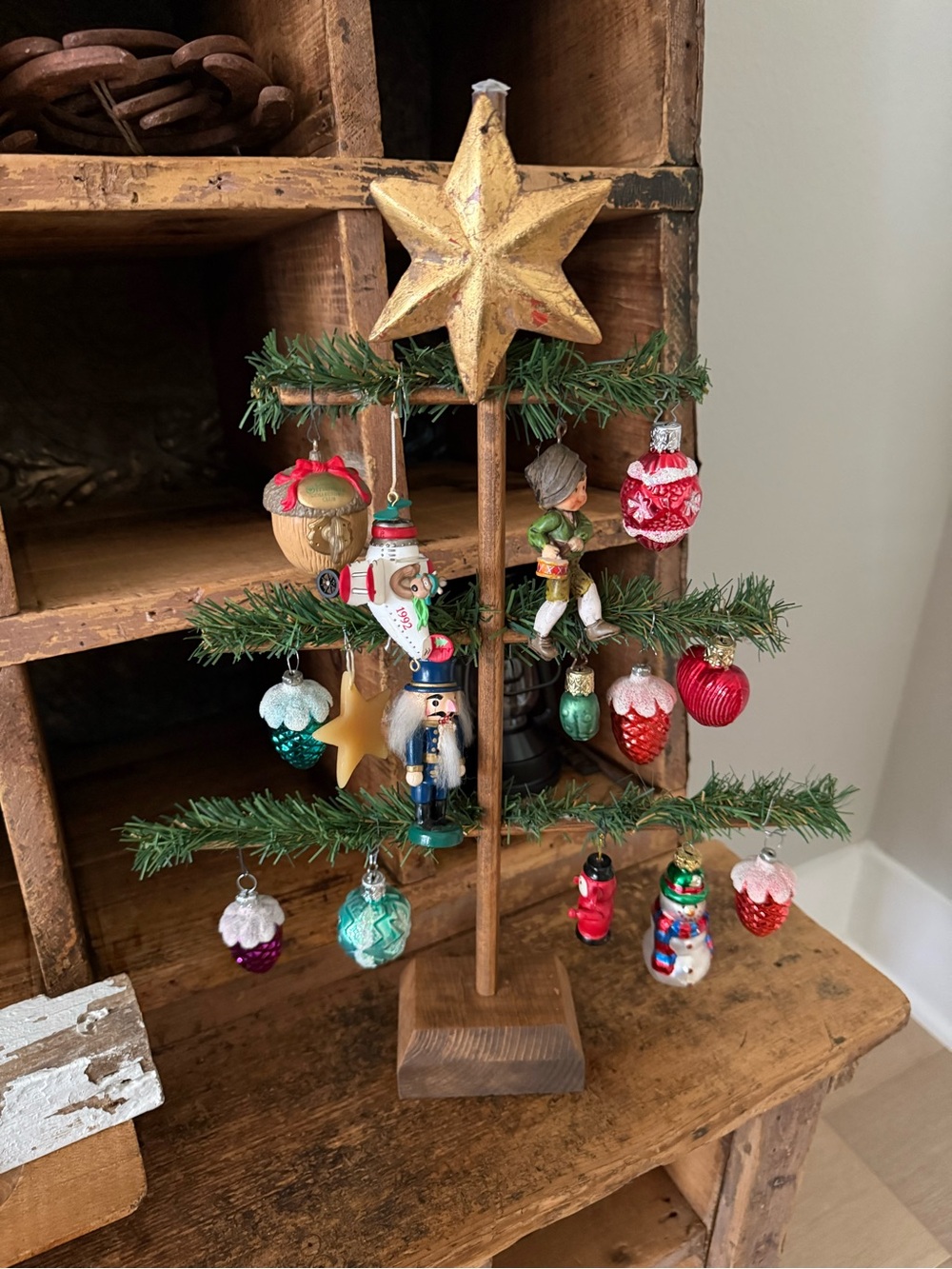 Vintage Wood Holiday Tabletop Tree Decor with Gold Star Topper Ornaments